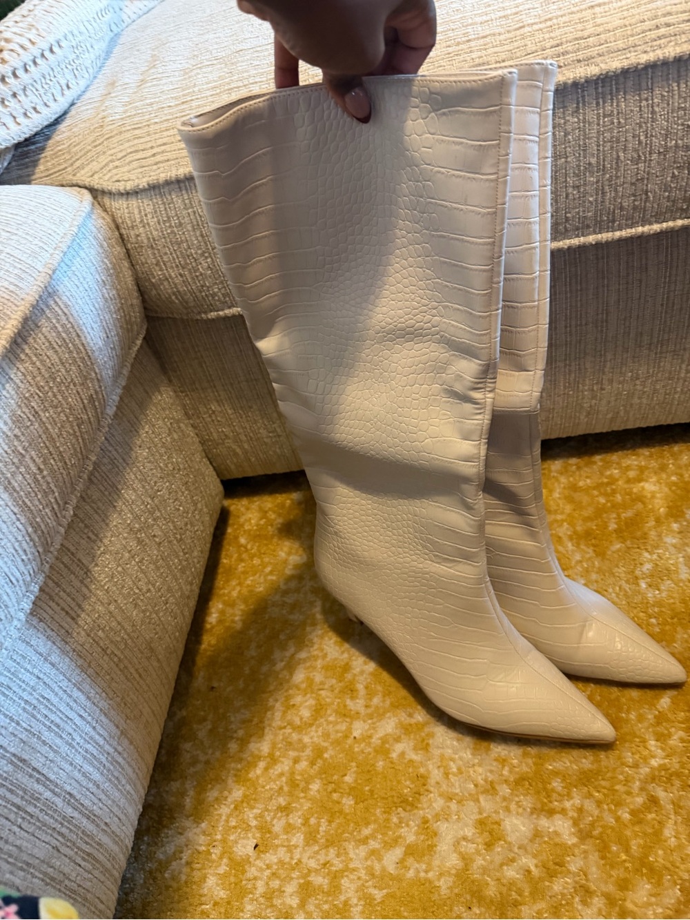 Steve Madden Cream Croc-Embossed Pointed-Toe Knee Boots